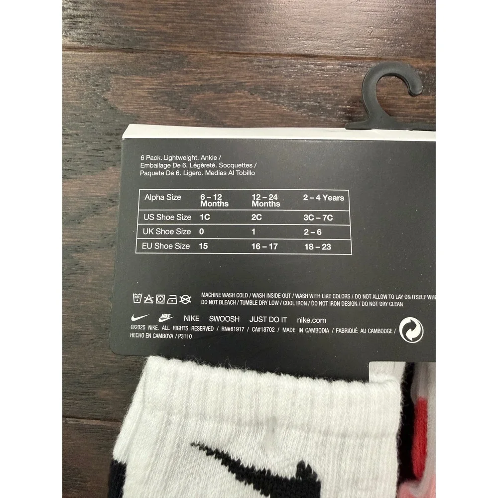 Nike Infant 6 Pack Lightweight Ankle Socks White Multi NN0299-R26 12-24 Months
